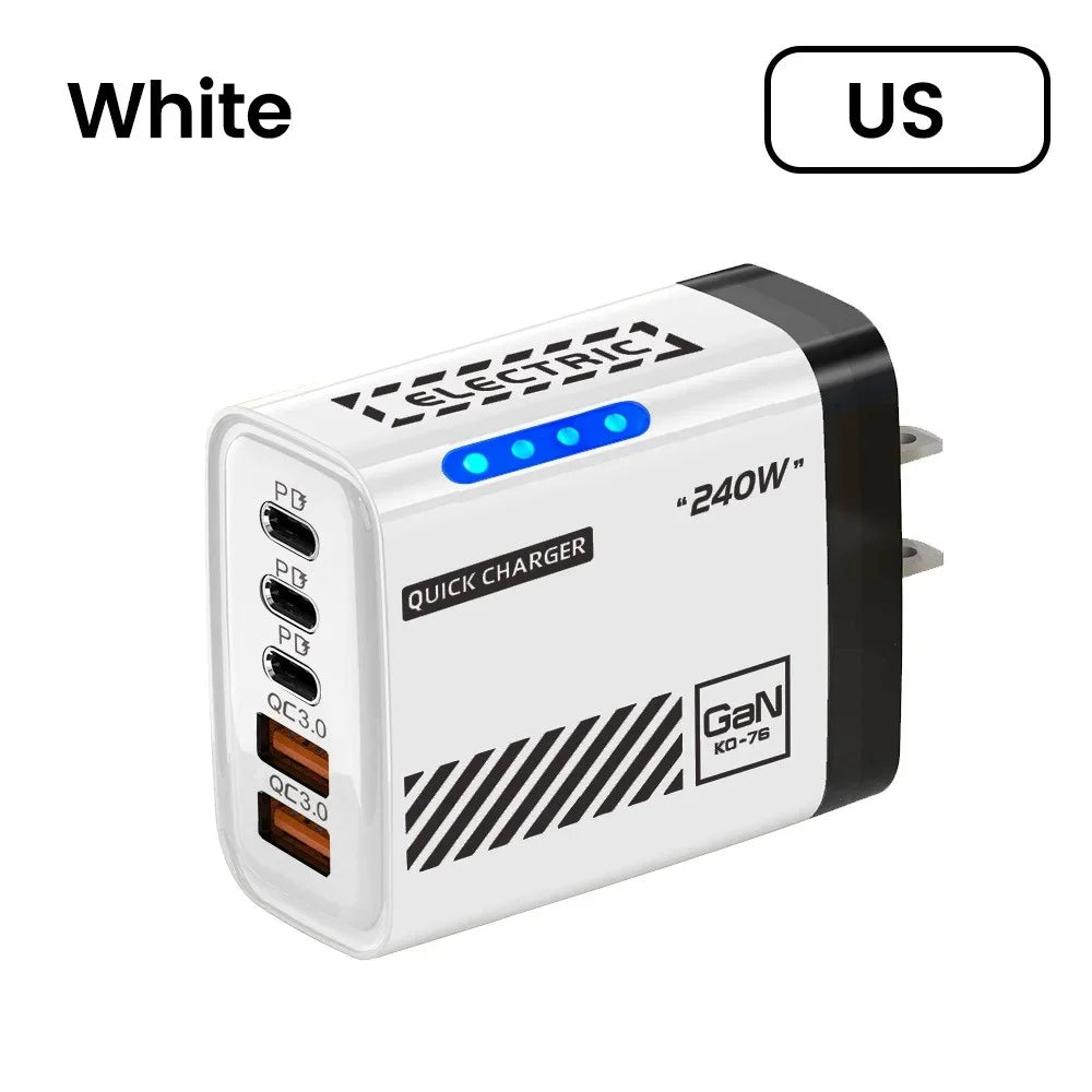 240W GaN 5-in-1 Desktop Charger USB C PD QC 3.0 Fast Charging Charger For MacBook iPhone 17 16 15 Pro Samsung Xiaomi EU US Plug