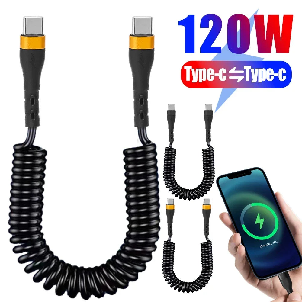 Udtrækkeligt 120 W PD-hurtigopladningskabel med USB-C til USB-C-spiralkabel, kompatibelt med iPhone 16/17, Xiaomi- og Samsung-enheder med hurtig opladning