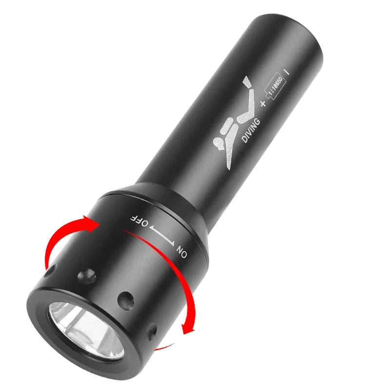 Ny T6 LED-dykkelygte med lang rækkevidde til undervandsarbejde og fotografering, aluminiumskabinet, drejekontakt og dykkerlampe