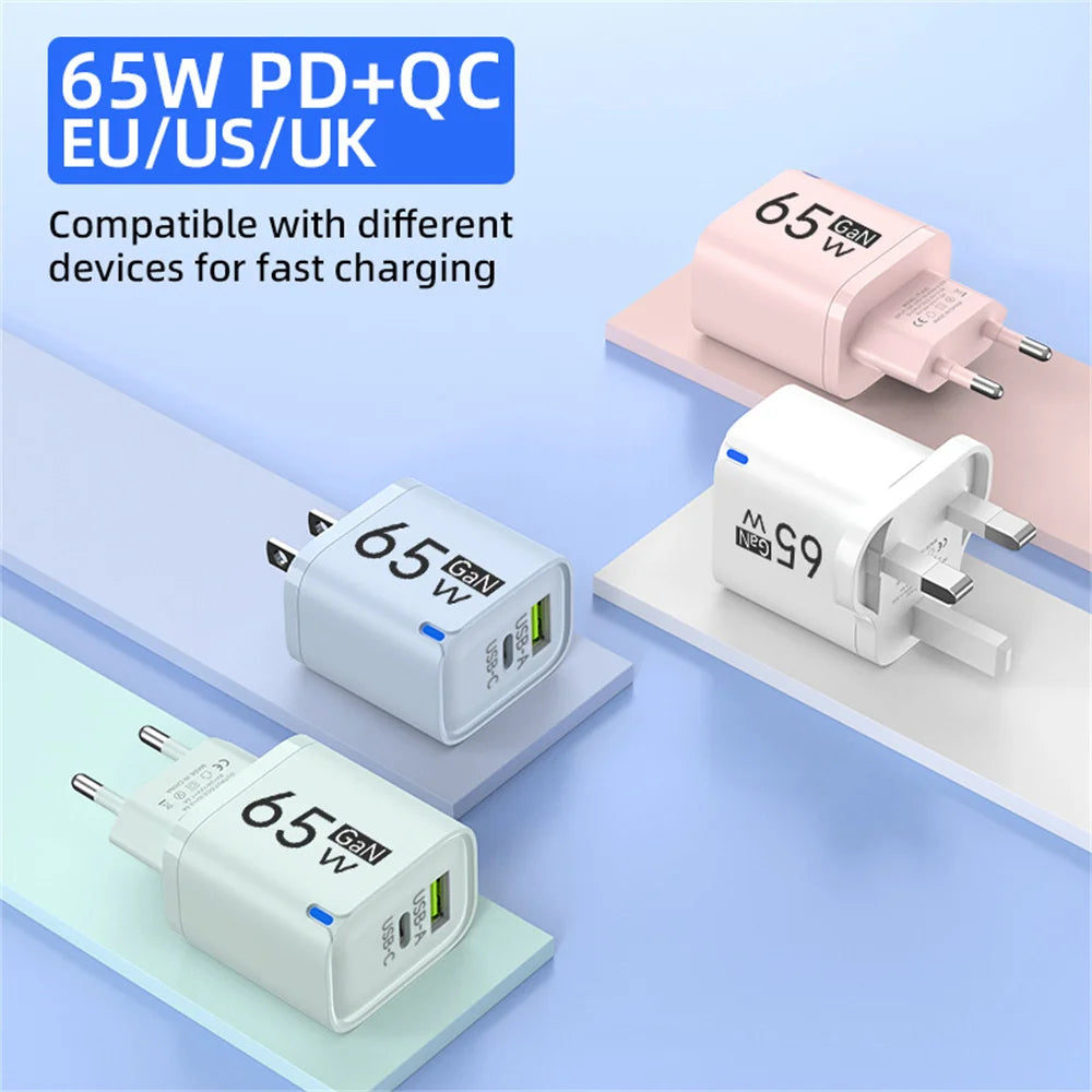 65W Fast Charge USB Type C Charger GaN Mobile Phone Adapter For iPhone Xiaomi Huawei Samsung Oneplus High Speed Charging Adapter