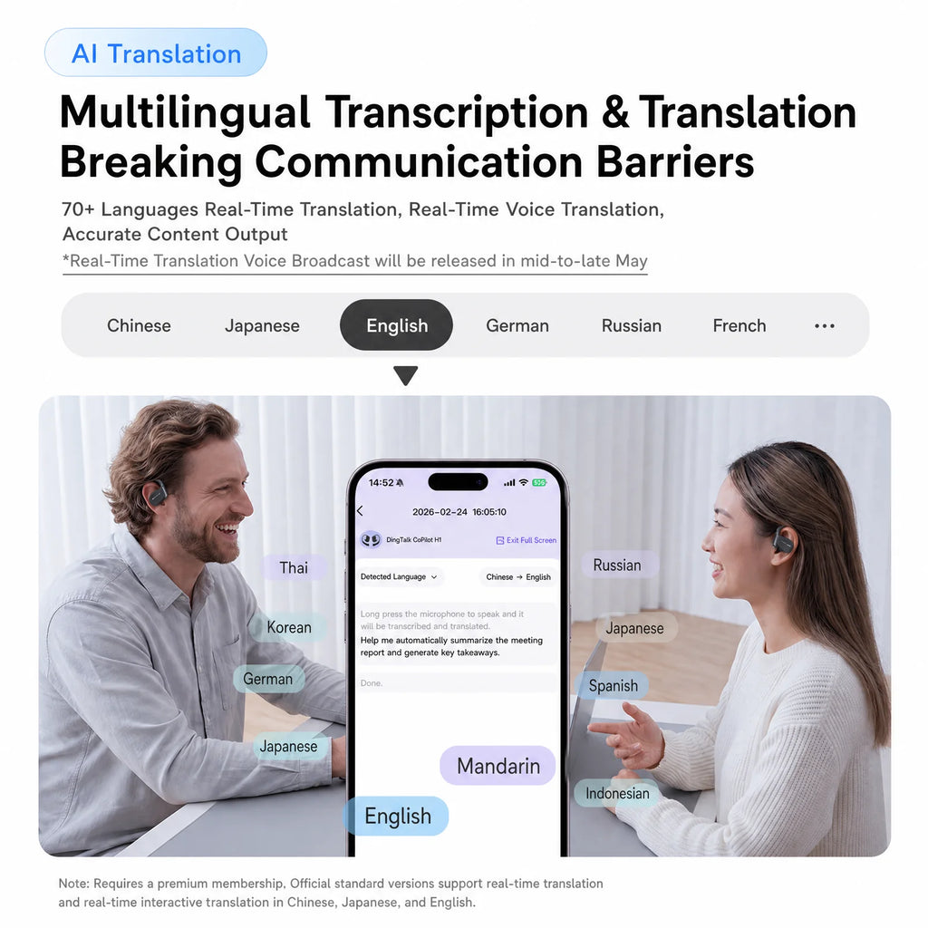 DingTalk H1 AI Earbuds, Open-Ear Recording&Real-Time Transcription, AI Meeting Summary&Translation, for Calls Interviews Office