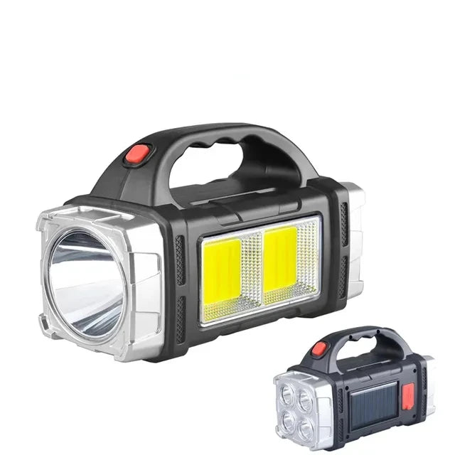 Transportabel, kraftig USB-genopladelig lommelygte med solcelle-LED, COB-arbejdslampe, 4 lysindstillinger, mobilopladning og campinglampe