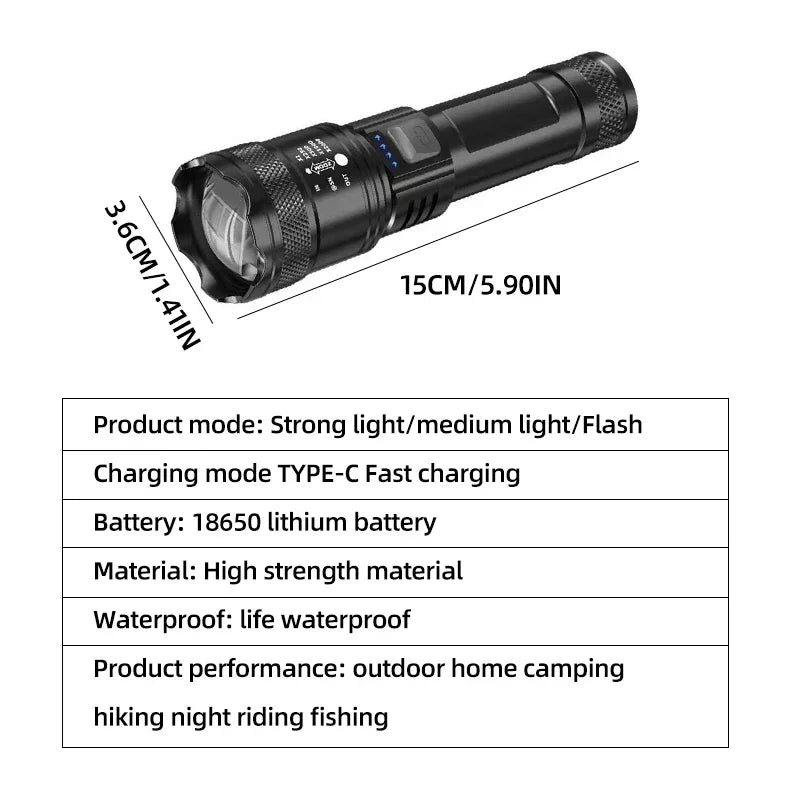 Super Bright LED Flashlight USB Rechargeable Torch Telescopic Zoom Light Outdoor Emergency Camping Fishing Waterproof Lantern