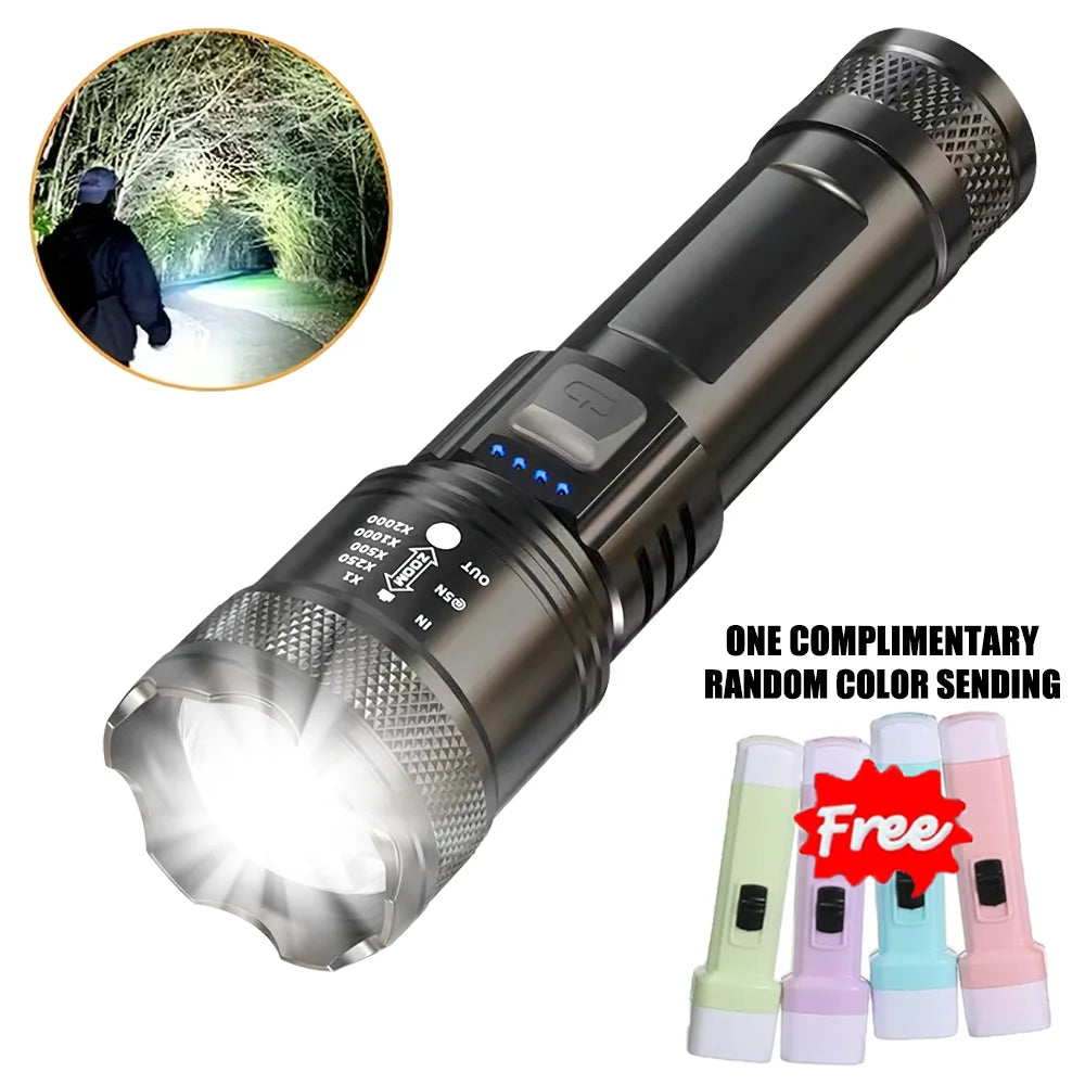 Linterna LED superbrillante recargable por USB, con zoom telescópico, para exteriores, emergencias, acampada y pesca, impermeable