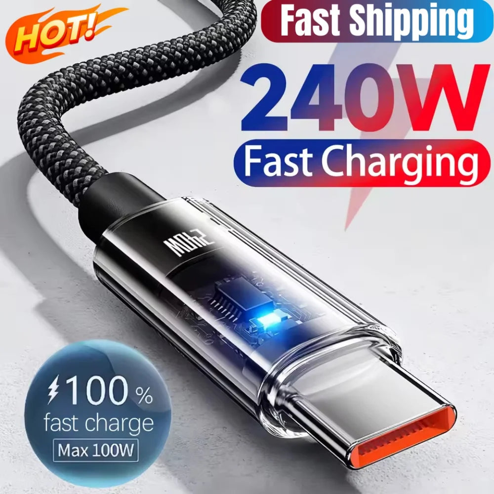 240w Nylon USB Type C Super Fast Charging Cable  Led Digital Display Usb C Charger Data Cord For Samsung Xiaomi Huawei Honor