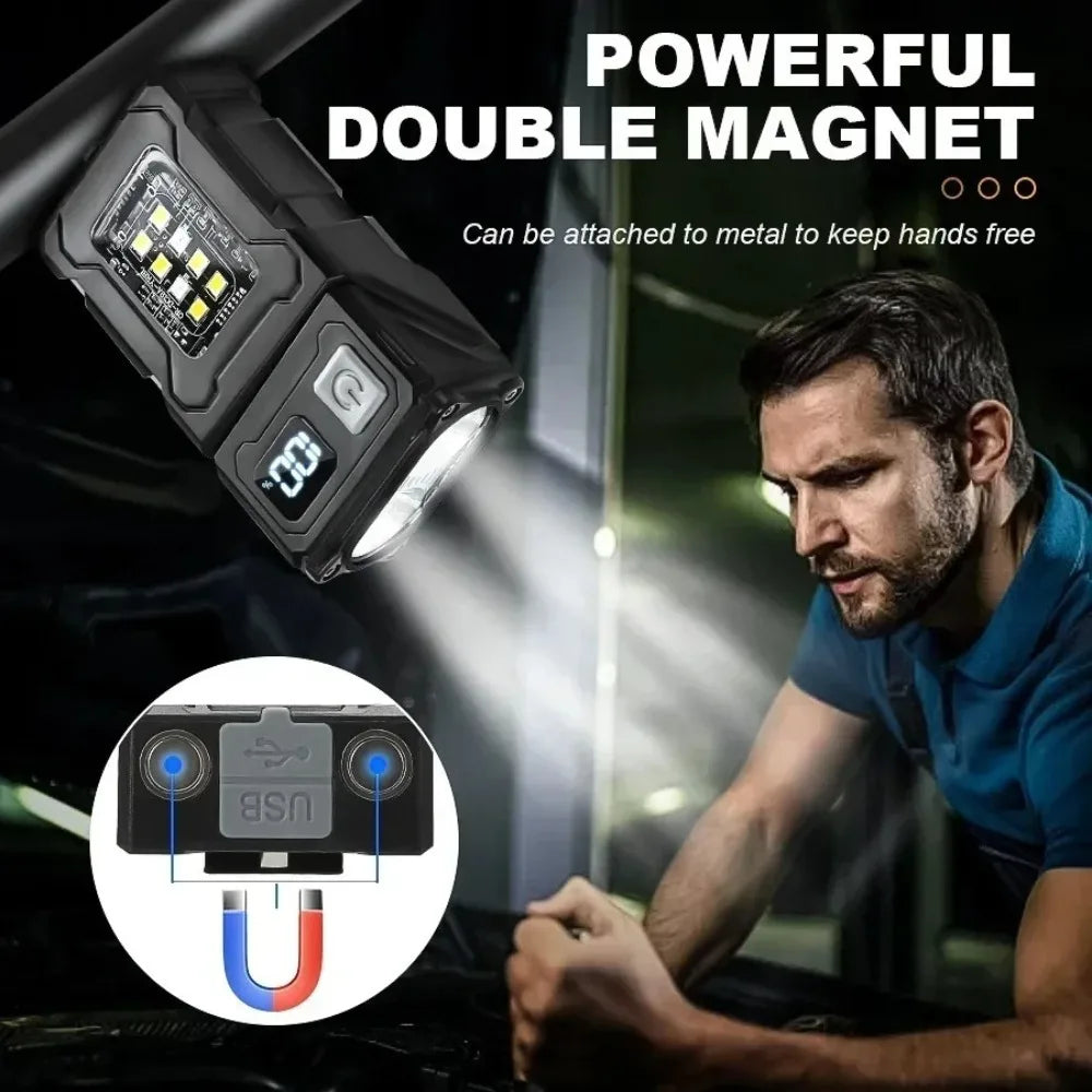 Genopladelig mini-LED-lommelygte med magnetisk clip, arbejdslampe, nøgleringslygte og lommelygte til udendørs camping, vandring og fiskeri