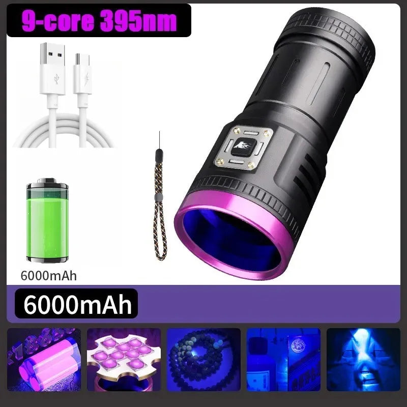 9-kernet 395nm UV-lommelygte, Type-C-genopladelig sortlys-lommelygte, transportabel ultraviolet lampe til detektering af kæleurin og kontrol af pengesedler