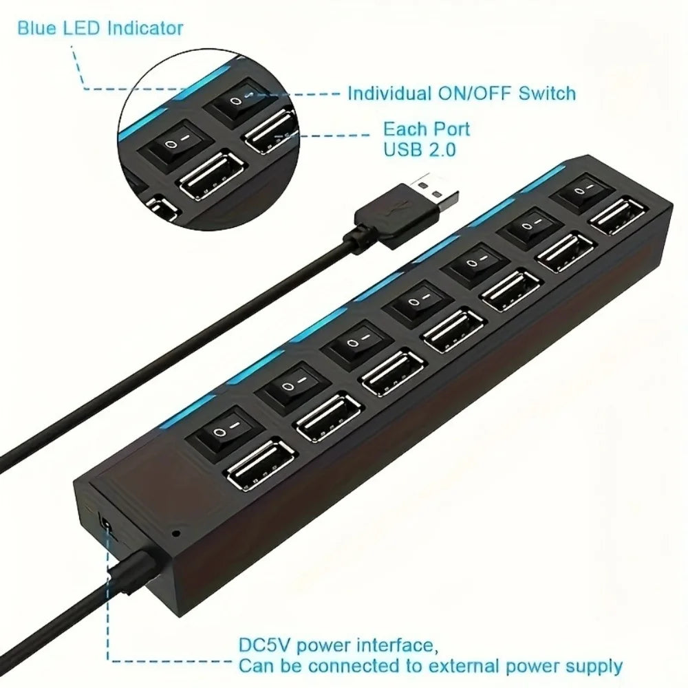 4/7 Port USB 2.0 Hub with Switch and LED High Speed Multi Splitter Expander Adapter For PC Laptop Desktop Computer Accessories
