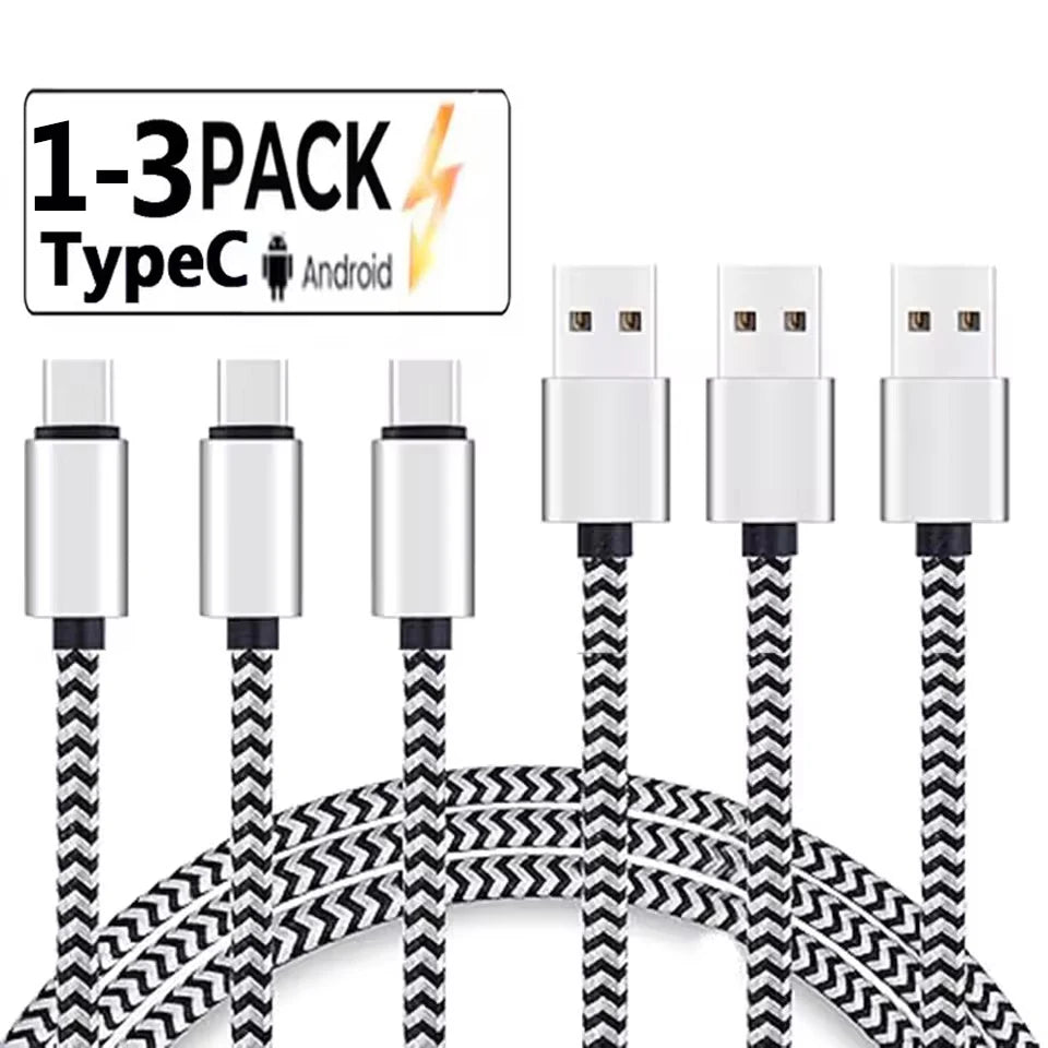 1-3 stk. USB Type C-kabel til hurtig opladning, batteriopladerledning, vævet nylon-datakabel, mobiltelefonoplader til Huawei og Samsung, USB C