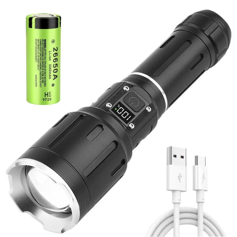 Linterna fluorescente de luz blanca de alta potencia, recargable, con zoom y largo alcance, para senderismo, acampada y emergencias