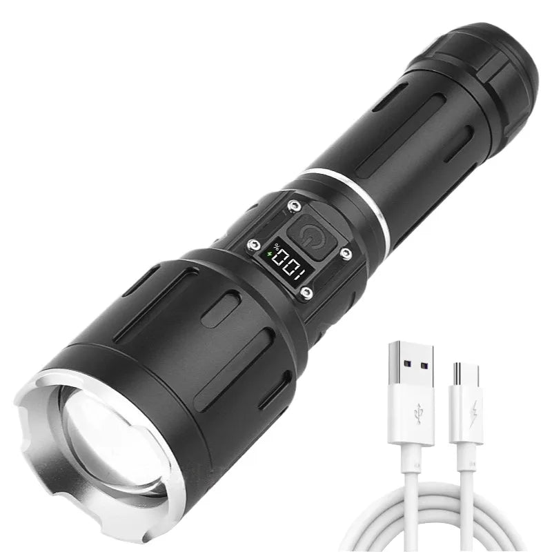 High Power White Light Fluorescent Flashlight  Rechargeable Zoomable Long Shot Torch Outdoor Hiking Camping Emergency Light