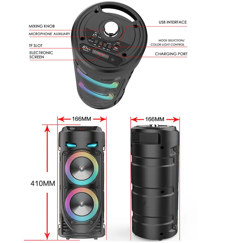 Large Square Dance Portable Bluetooth Speaker LED Colorful Light Soundbar Column KTV Soundbox Wireless Subwoofer HiFi Boombox