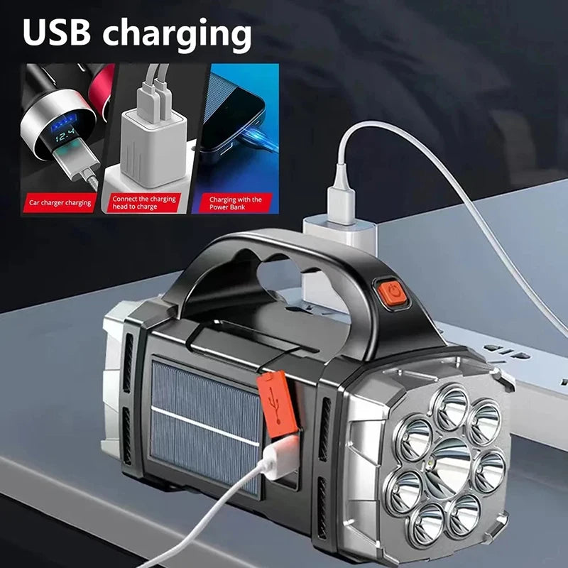 Transportabel, kraftig USB-genopladelig lommelygte med solcelle-LED, COB-arbejdslampe, 4 lysindstillinger, mobilopladning og campinglampe