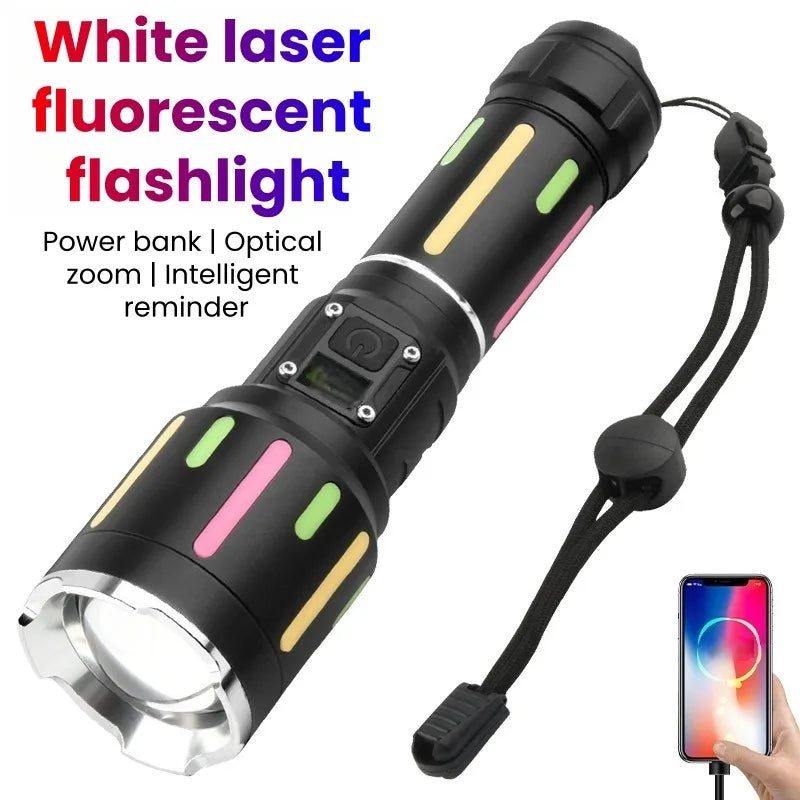 Linterna fluorescente de luz blanca de alta potencia, recargable, con zoom y largo alcance, para senderismo, acampada y emergencias