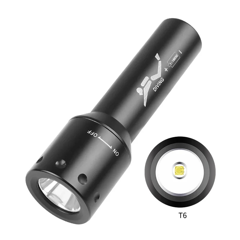Ny T6 LED-dykkelygte med lang rækkevidde til undervandsarbejde og fotografering, aluminiumskabinet, drejekontakt og dykkerlampe