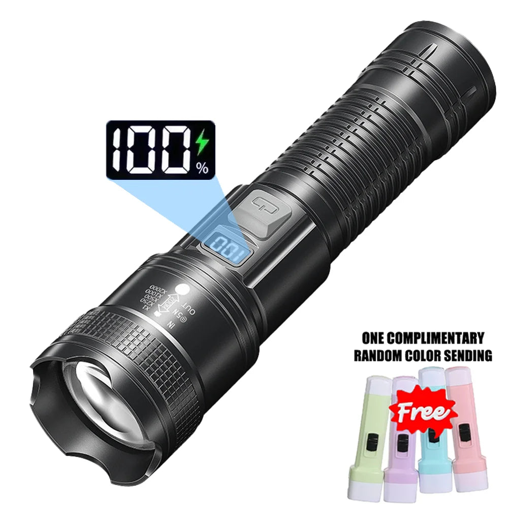 Linterna LED superbrillante recargable por USB, con zoom telescópico, para exteriores, emergencias, acampada y pesca, impermeable