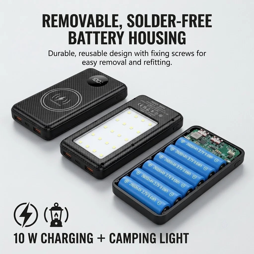 6×18650-batteriopbevaringsboks, DIY-powerbanks skal med dobbelt USB-C-udgang, bærbar opladningsholder med indbygget campinglys til mobiltelefon