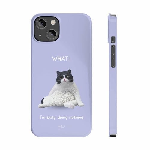 Funny Cat Theme Purple Slim Case for iPhone 14 series featuring a humorous cat design and glossy finish.