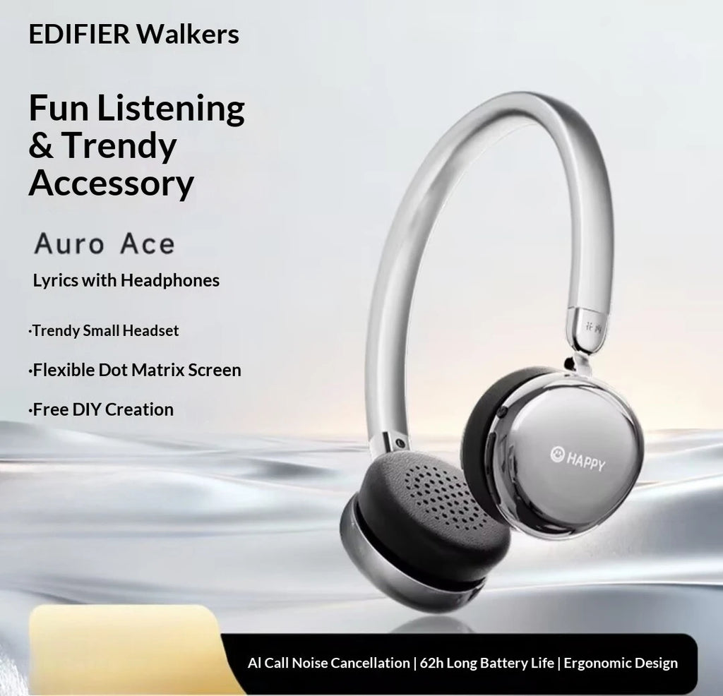 Nye Edifier AURO ACE over-ear-hovedtelefoner med trendy legetøjsskærm til DIY-tekstvisning, 32 mm drivere, Bluetooth 6.0-øretelefoner, gaver