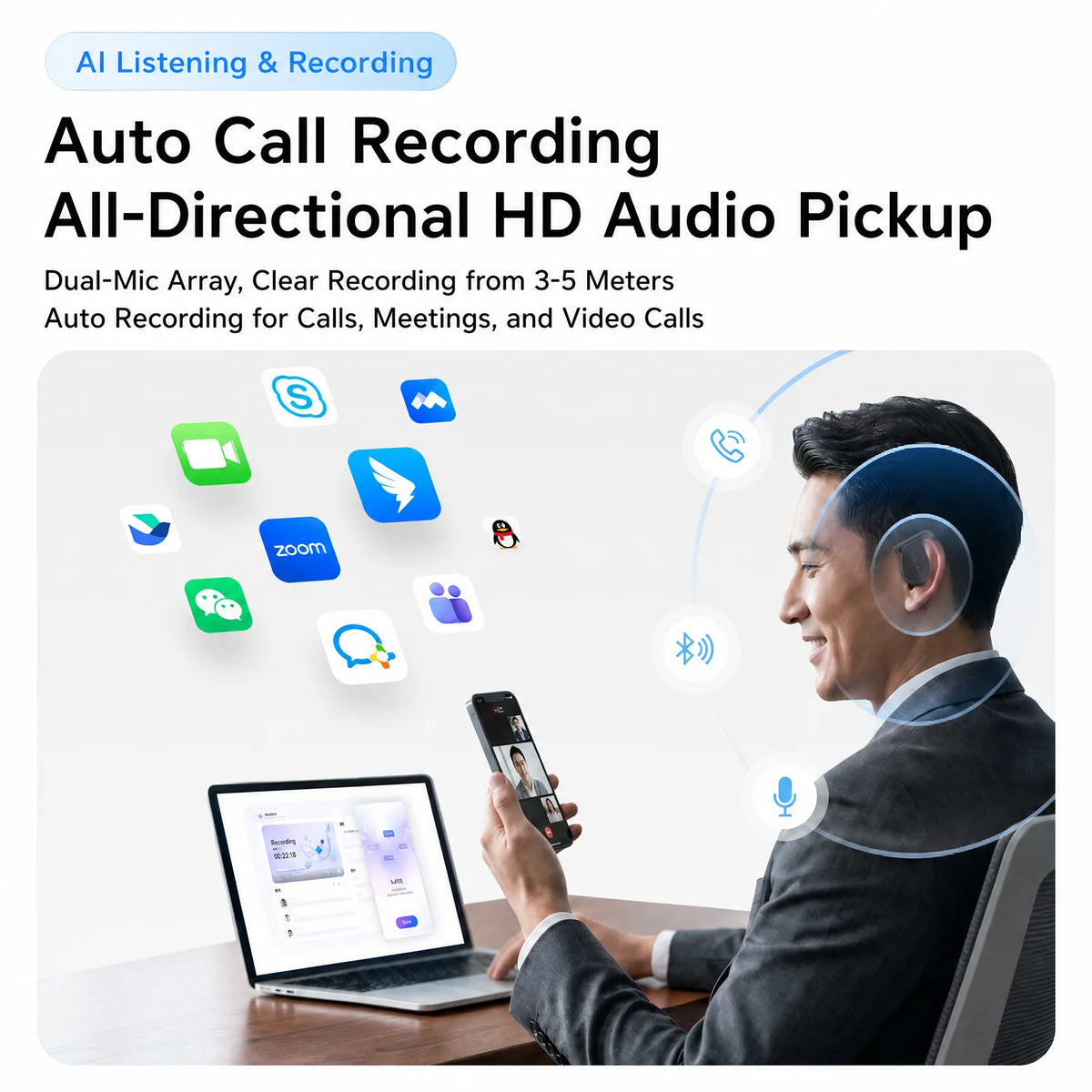 Auriculares con IA DingTalk H1, grabación de oído abierto y transcripción en tiempo real, resumen y traducción de reuniones con IA, para llamadas, entrevistas y oficina