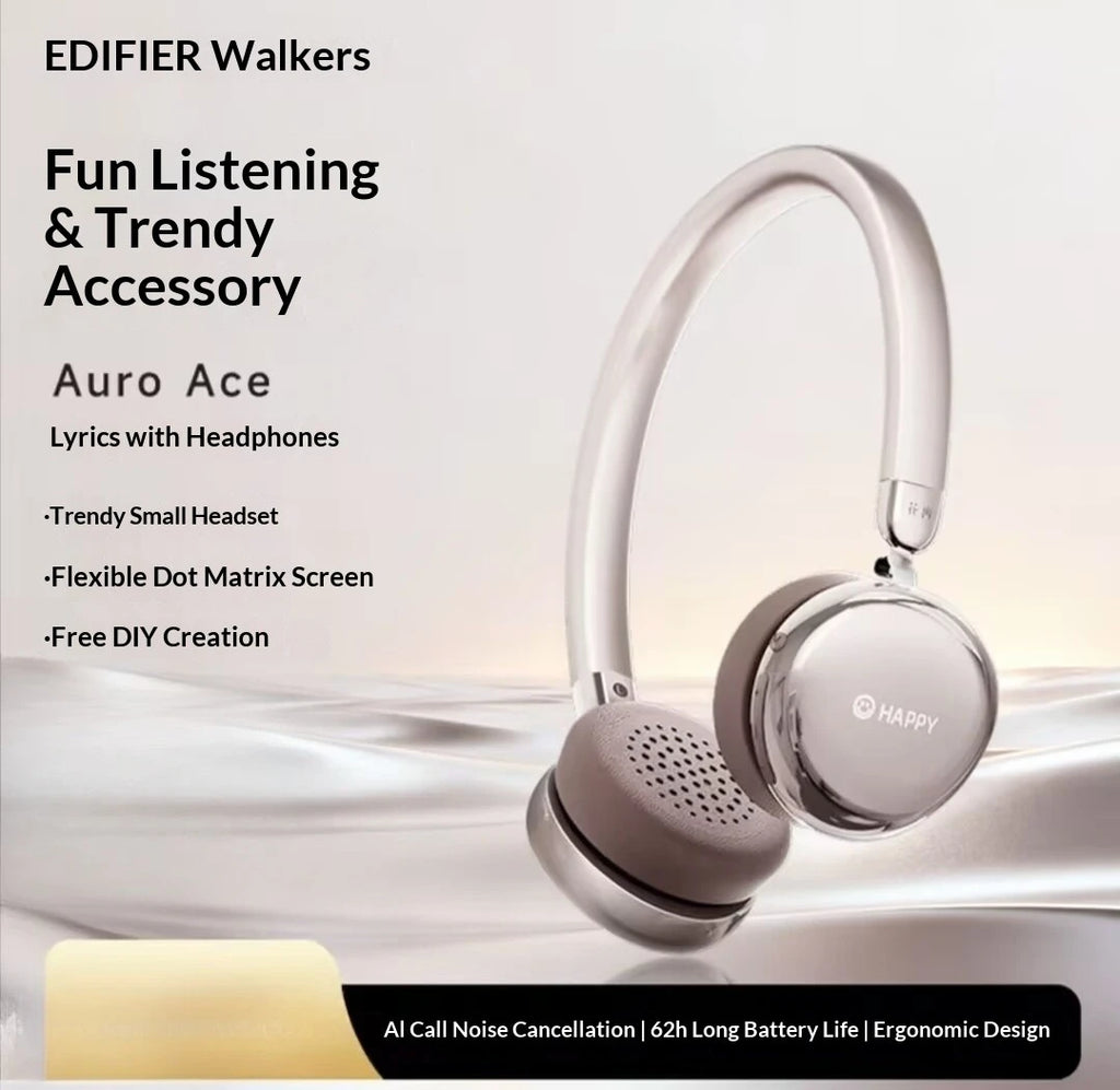 Nye Edifier AURO ACE over-ear-hovedtelefoner med trendy legetøjsskærm til DIY-tekstvisning, 32 mm drivere, Bluetooth 6.0-øretelefoner, gaver