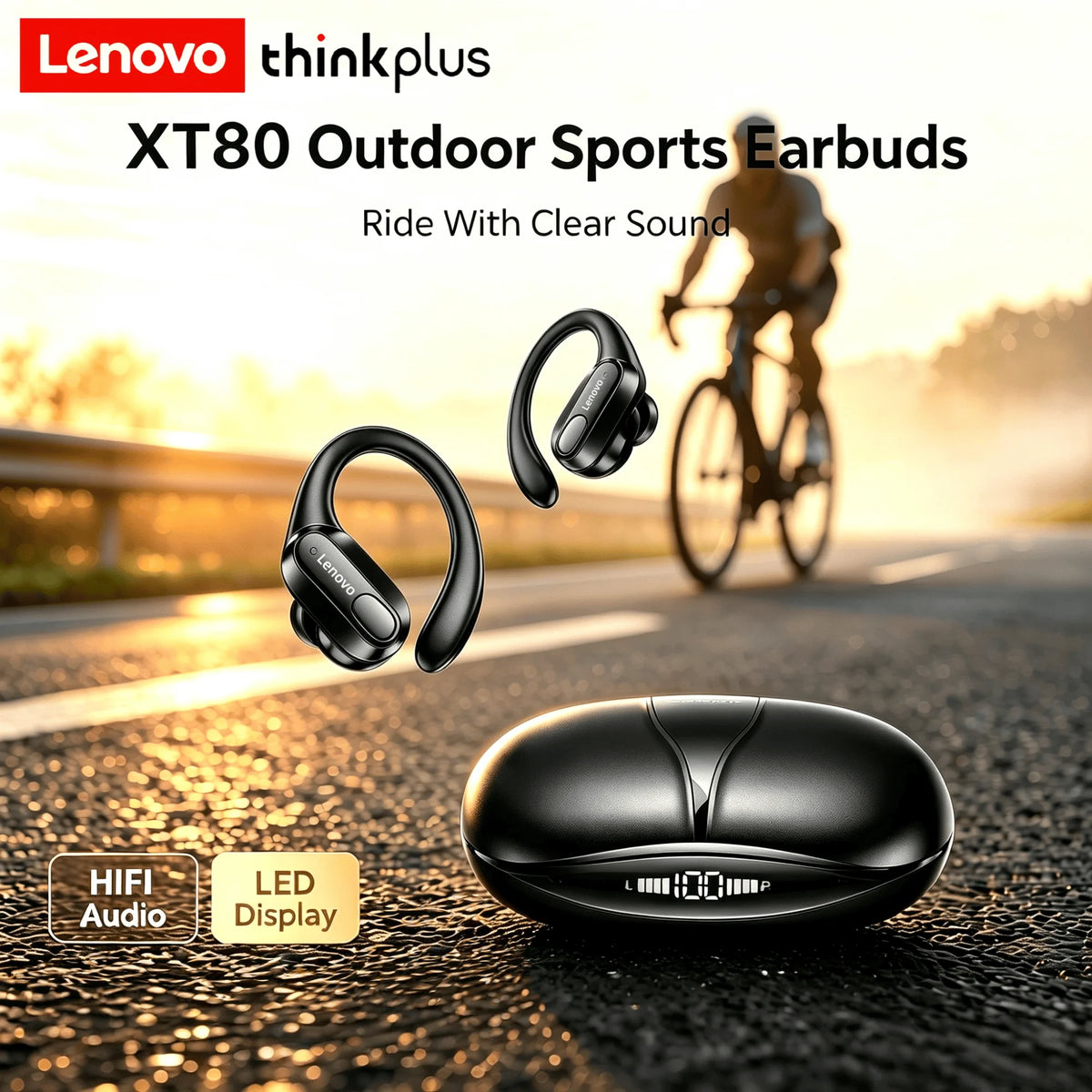 Écouteurs sans fil de sport Lenovo XT80 originaux avec micros, affichage LED de la batterie, son stéréo Hifi, casque Bluetooth 5.3 TWS
