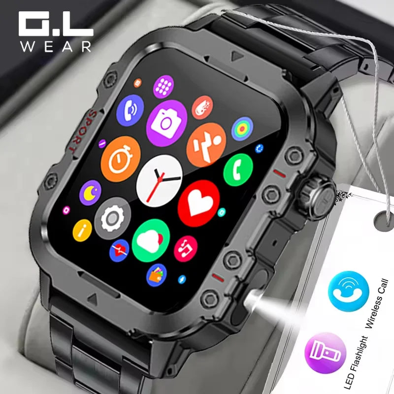 G.L Wear 2026-smartwatch til udendørssport og fitness, pulsmåler, SpO2- og søvnovervågning, LED-lommelygte, Bluetooth-opkald, til mænd og kvinder