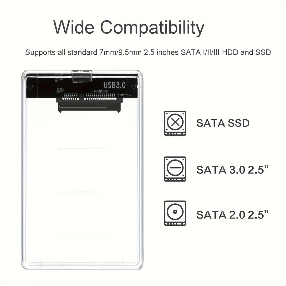 USB 3.0-eksternt HDD-kabinet, 5Gbps, 2,5 tommer, transparent harddiskkabinet, SATA HDD/SSD-lagerkabinet til bærbar computer og PC