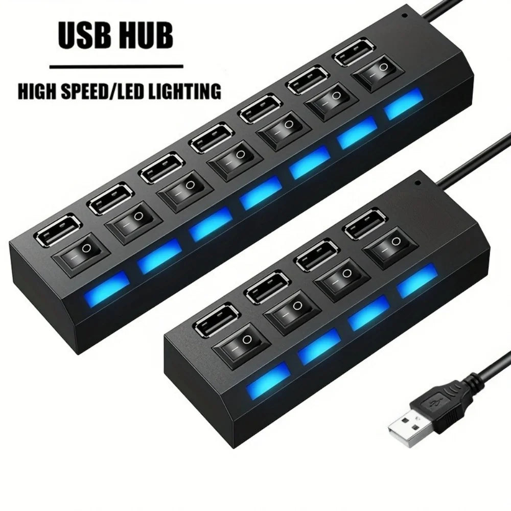 4/7 Port USB 2.0 Hub with Switch and LED High Speed Multi Splitter Expander Adapter For PC Laptop Desktop Computer Accessories