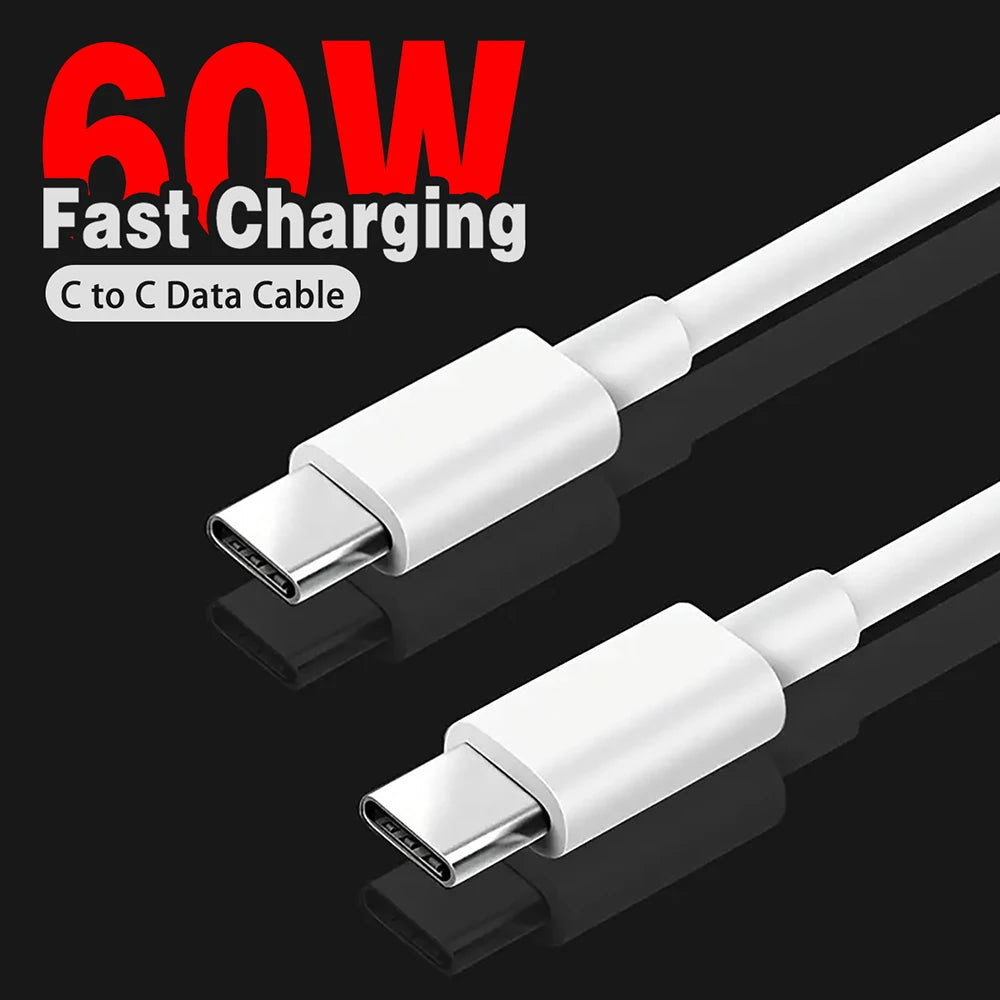 PD 60 W USB-C til USB Type-C-kabel, hurtigopladnings- og datakabel til iPhone 15/15 Pro, Huawei, Samsung og Xiaomi, datakabel, sort/hvid, 1M/2M/3M