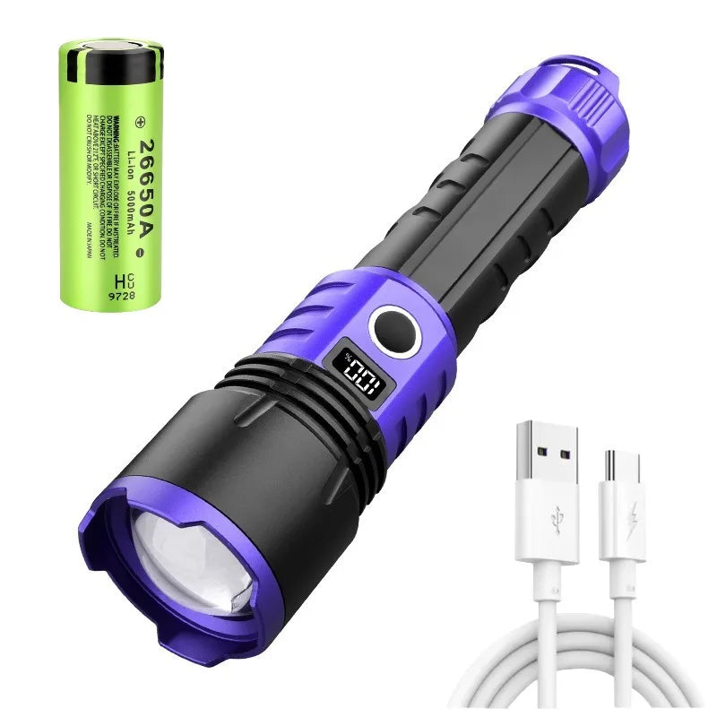 Multifunktionel kraftig LED-lommelygte med USB-opladning, zoomfunktion og digitalt display, aluminiumslommelygte til udendørs camping