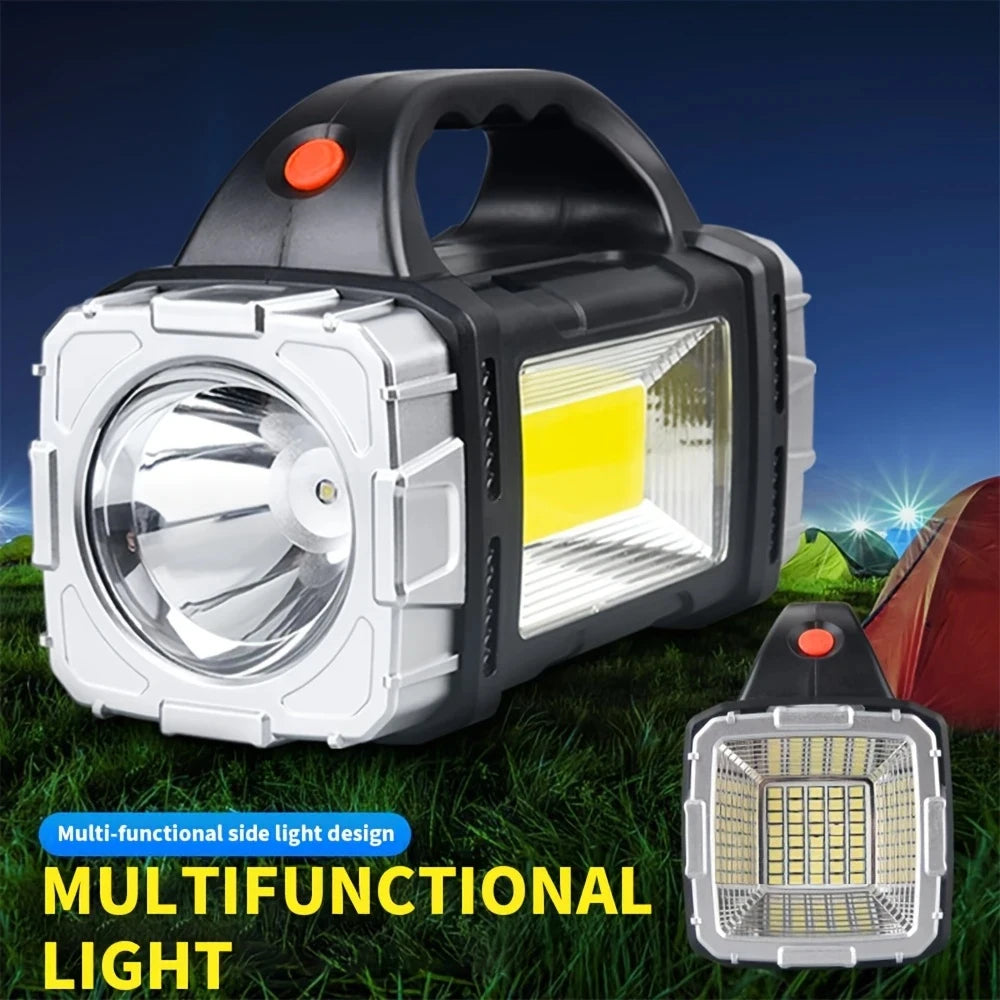Transportabel, kraftig USB-genopladelig lommelygte med solcelle-LED, COB-arbejdslampe, 4 lysindstillinger, mobilopladning og campinglampe