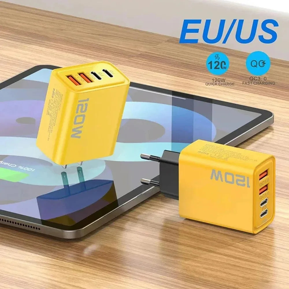 120W 4 Port USB C Charger Type C Fast Charging Phone Charger Power Adapter For iPhone Samsung Xiaomi EU/US/UK Plug Wall Charger