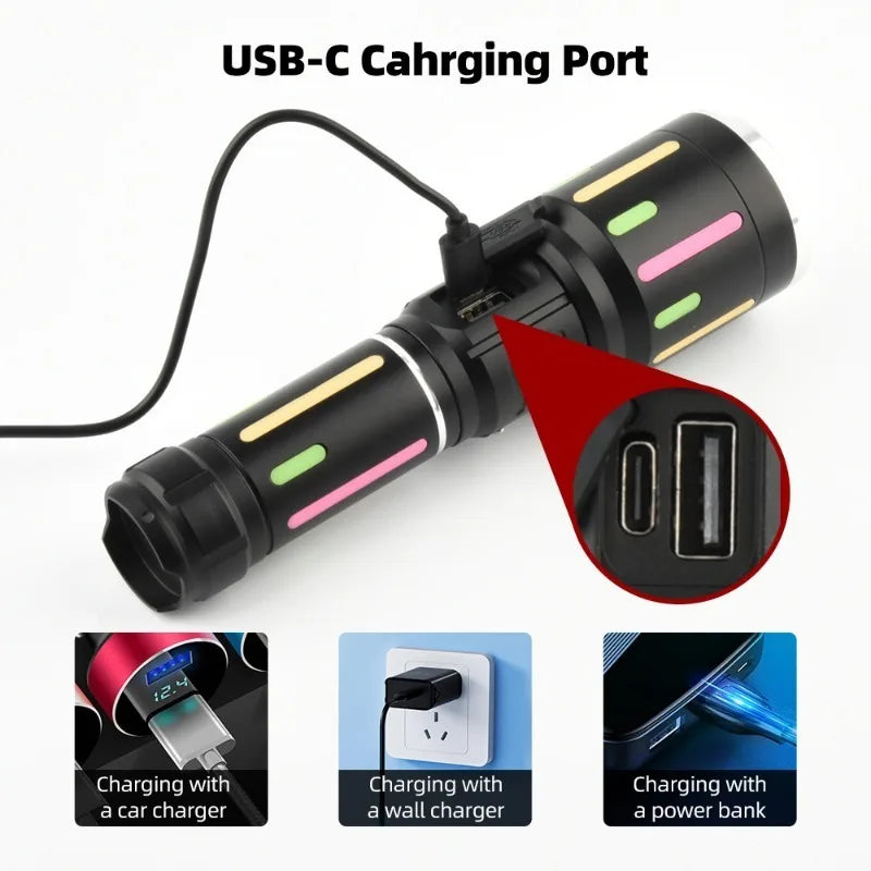 High Power White Light Fluorescent Flashlight  Rechargeable Zoomable Long Shot Torch Outdoor Hiking Camping Emergency Light