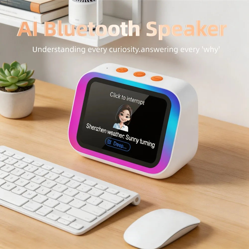 AI-Bluetooth-højttaler 5.4 med AI-stemmeassistent, HD-berøringsskærm, elektronisk fotoalbum, vækkeur og håndfri opkald