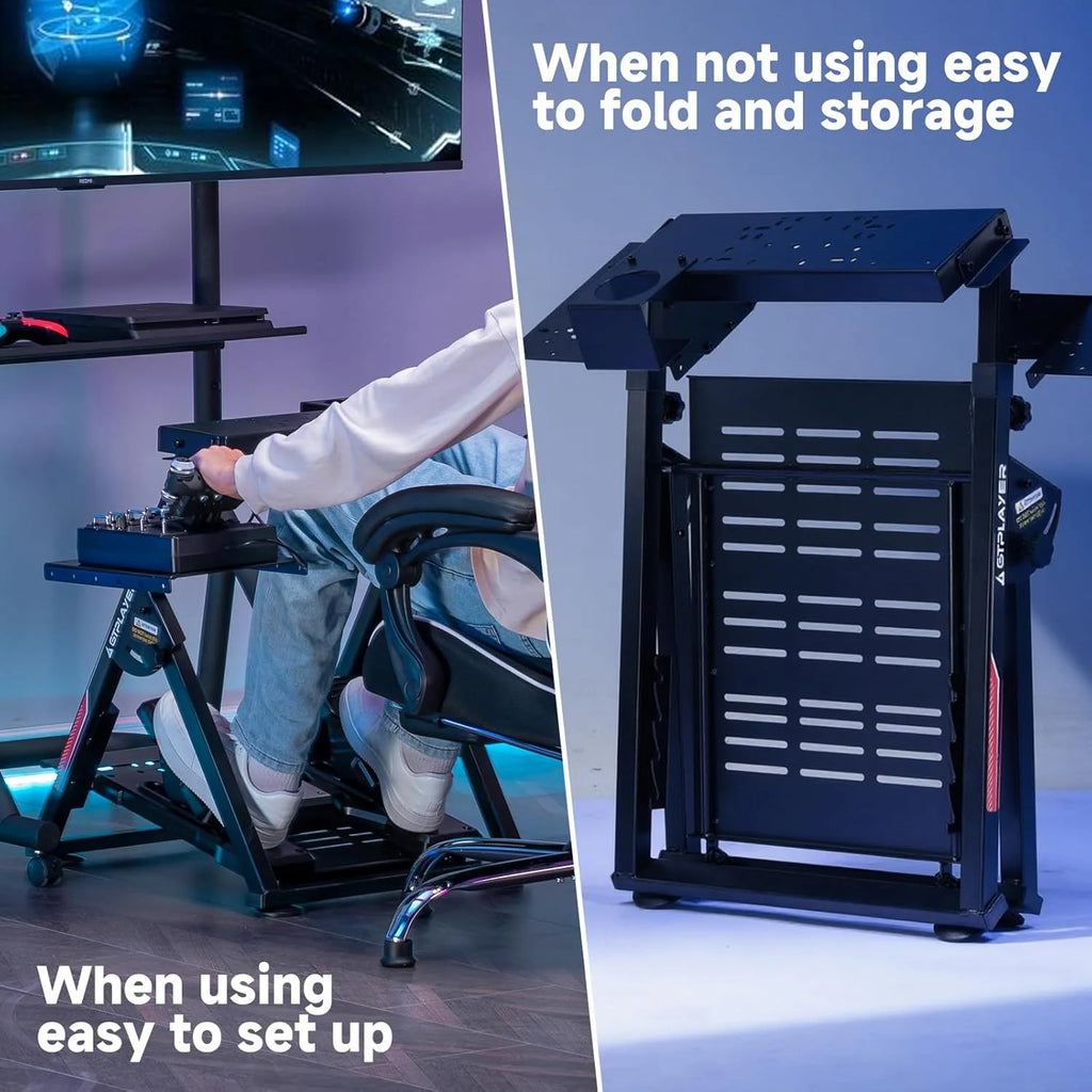 GTPLAYER Flight & Racing Simulator Stand, cockpit de jeu pliable compatible avec les volants et joysticks Logitech, Thrustmaster, PXN, noir