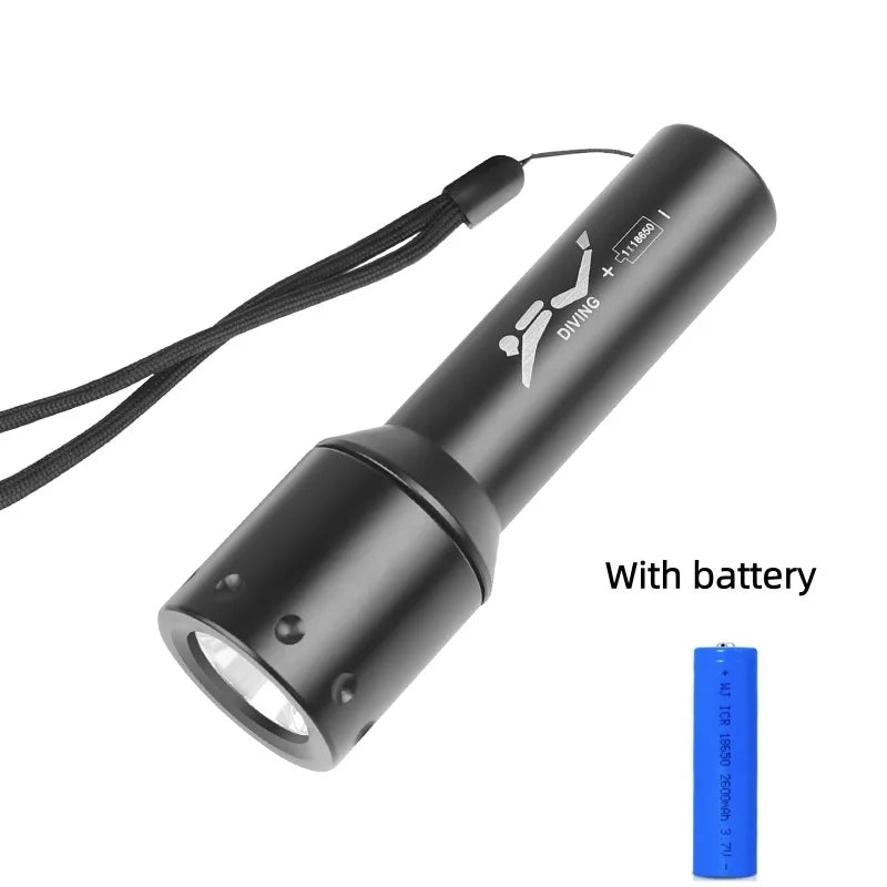 Ny T6 LED-dykkelygte med lang rækkevidde til undervandsarbejde og fotografering, aluminiumskabinet, drejekontakt og dykkerlampe