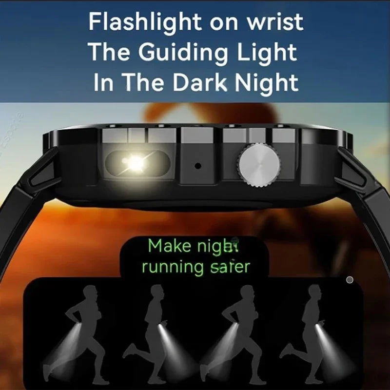 G.L Wear 2026-smartwatch til udendørssport og fitness, pulsmåler, SpO2- og søvnovervågning, LED-lommelygte, Bluetooth-opkald, til mænd og kvinder