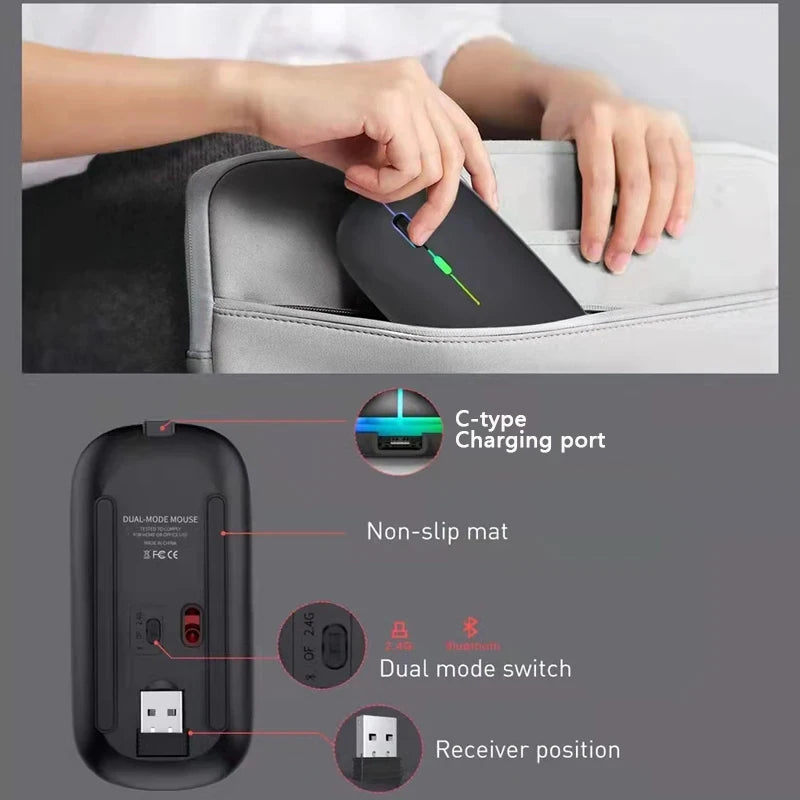 Ratón inalámbrico Bluetooth de 2.4GHz, recargable, silencioso y ergonómico, para gaming, con retroiluminación USB y 1600DPI, para PC y portátiles