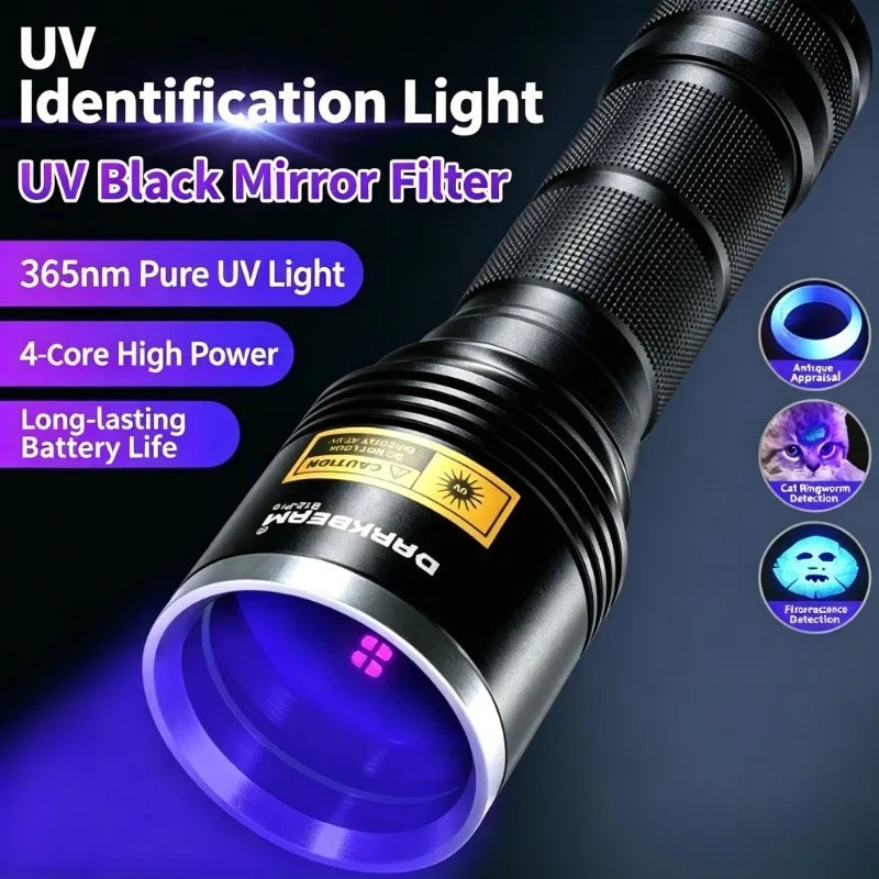 365nm UV-lommelygte med sort spejl, lilla lys, LED-blacklight til hærdning, kontrol af ringorm hos katte, kæledyrsurinpletter og skorpioner