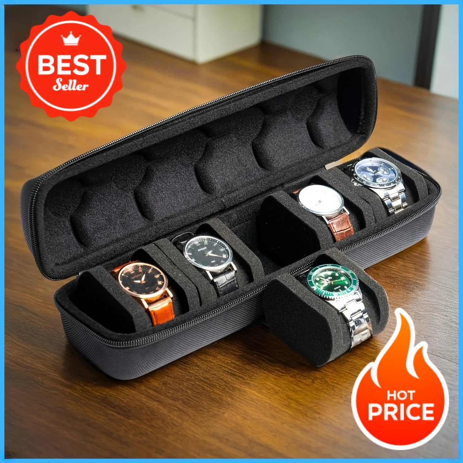 1pc 5-Slot Watch Case | Hard Shell Travel Organizer with Pillow Insert - Gift Ready (Black), suitable for smart watch storage