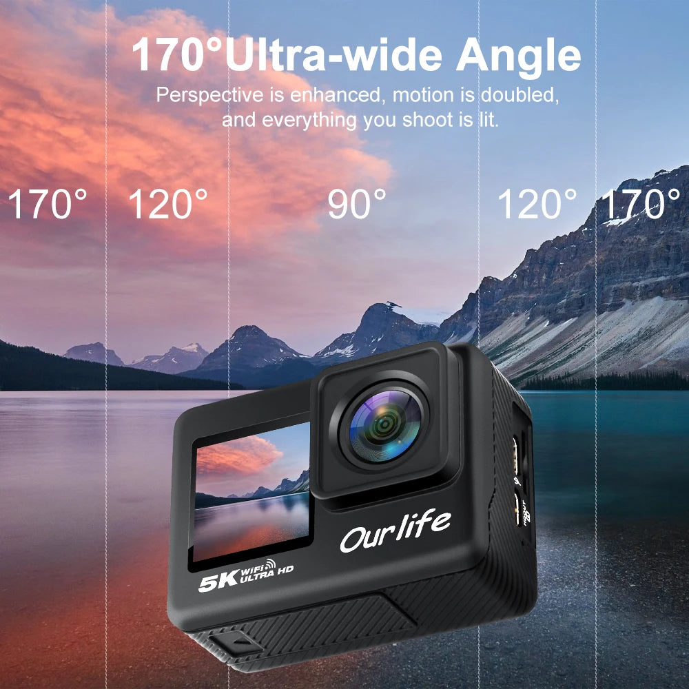 Ourlife 5K30FPS Action Camera 2.0'' Touch LCD 170° DVR 30M Waterproof Remote Control 5X Zoom Helmet WiFi 4K60FPS Sport Camera