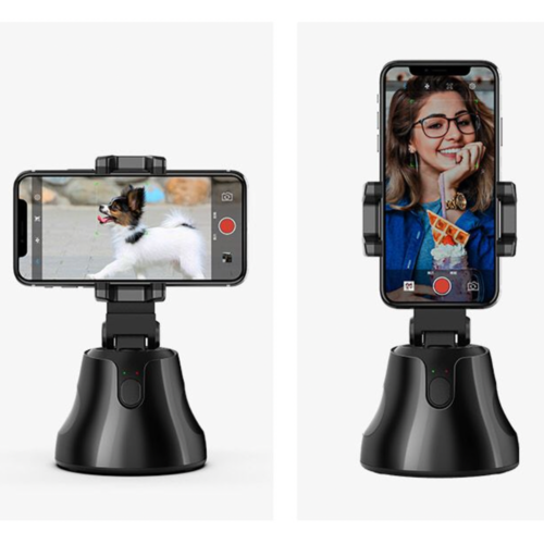 Revolving Follow Me Auto Selfie Holder showcasing phone used for pet and personal selfie capture.
