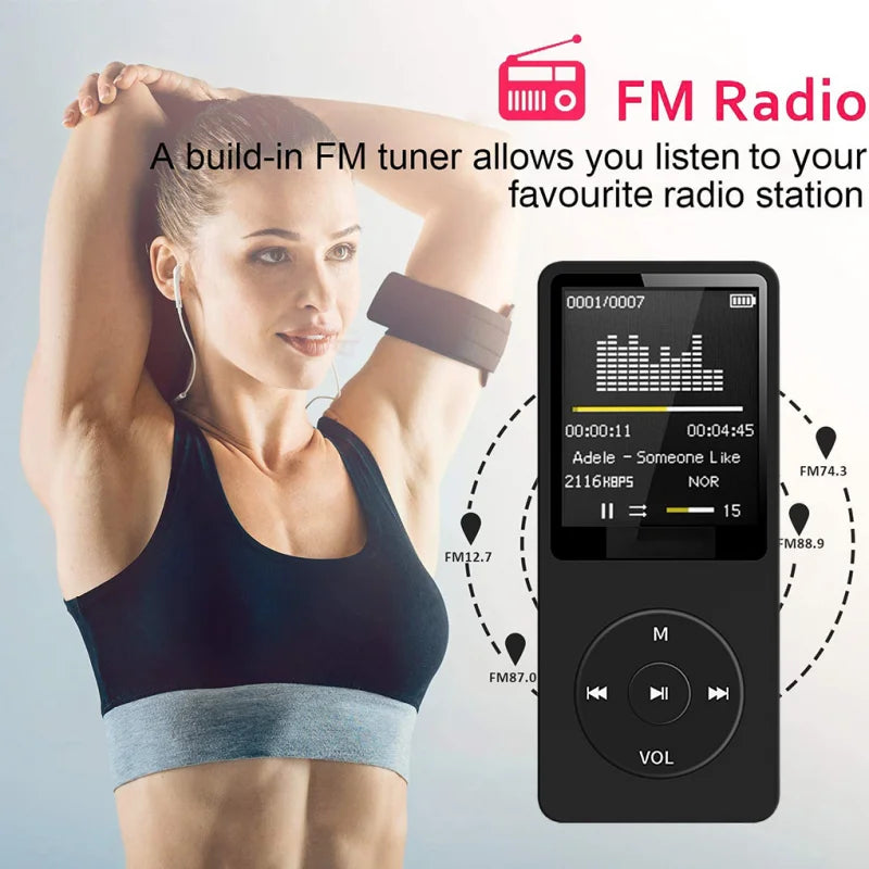 Reproductor MP3 con carga USB, grabación, pantalla digital, multimedia sin pérdida, portátil de bolsillo para deportes, correr, caminar y reproducir música