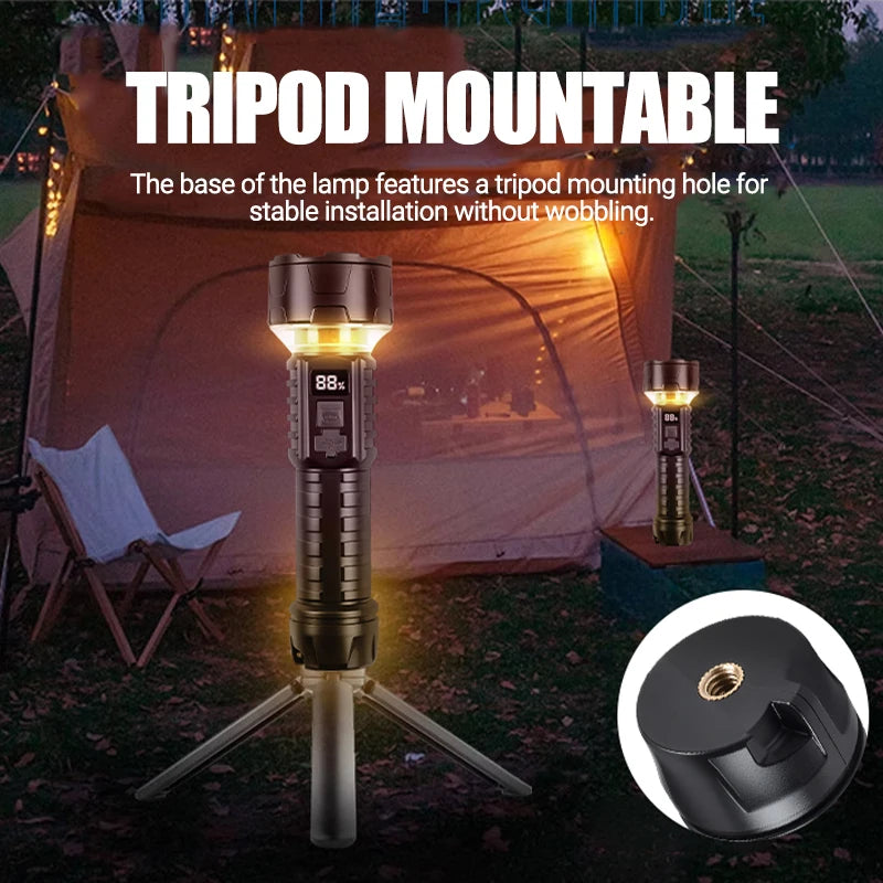 COB LED Flashlight Rechargeable Lantern 7-core Camping Torch Red Light Waming Lamp Can Install Tripod Outdoor Hiking Emergency