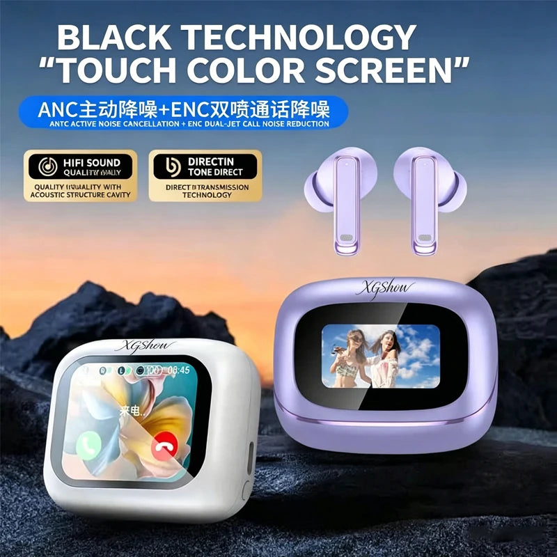 XGSHOW Tour Pro6 Bluetooth 6.0-øretelefoner med LCD-farveskærm, nye 2026 in-ear-øretelefoner med ANC-støjreduktion og ultralang batteritid