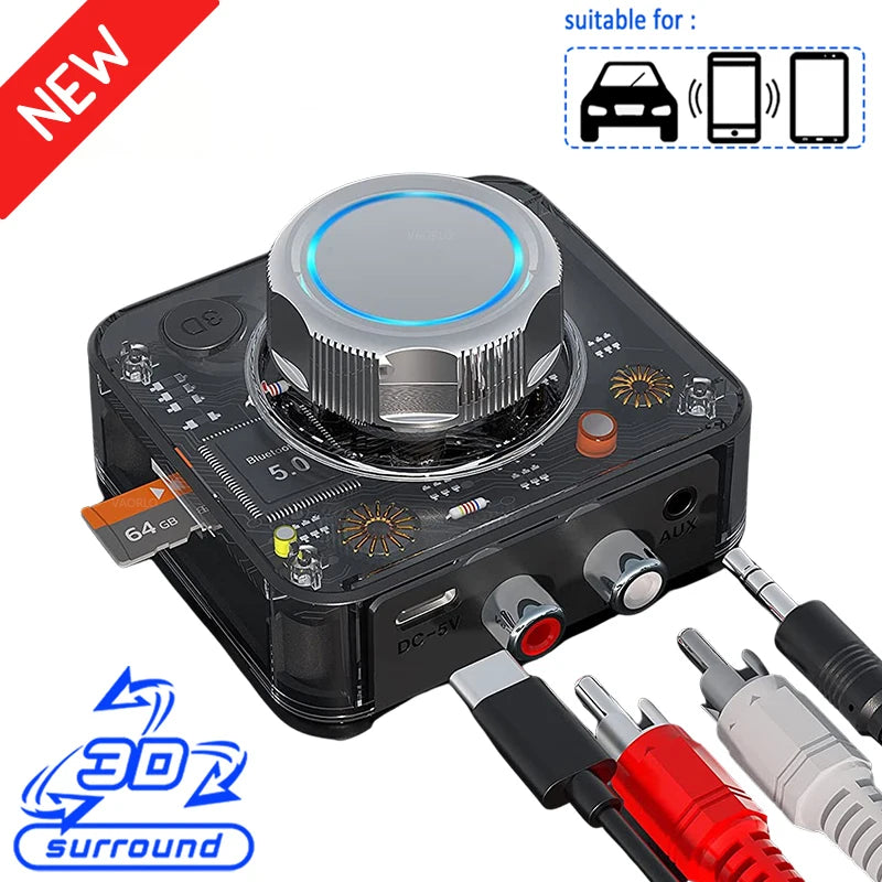 Receptor de audio Bluetooth 5.0, adaptador inalámbrico de música estéreo 3D, tarjeta TF, RCA de 3.5 mm, conector AUX de 3.5 mm para coche, altavoz, amplificador y auriculares