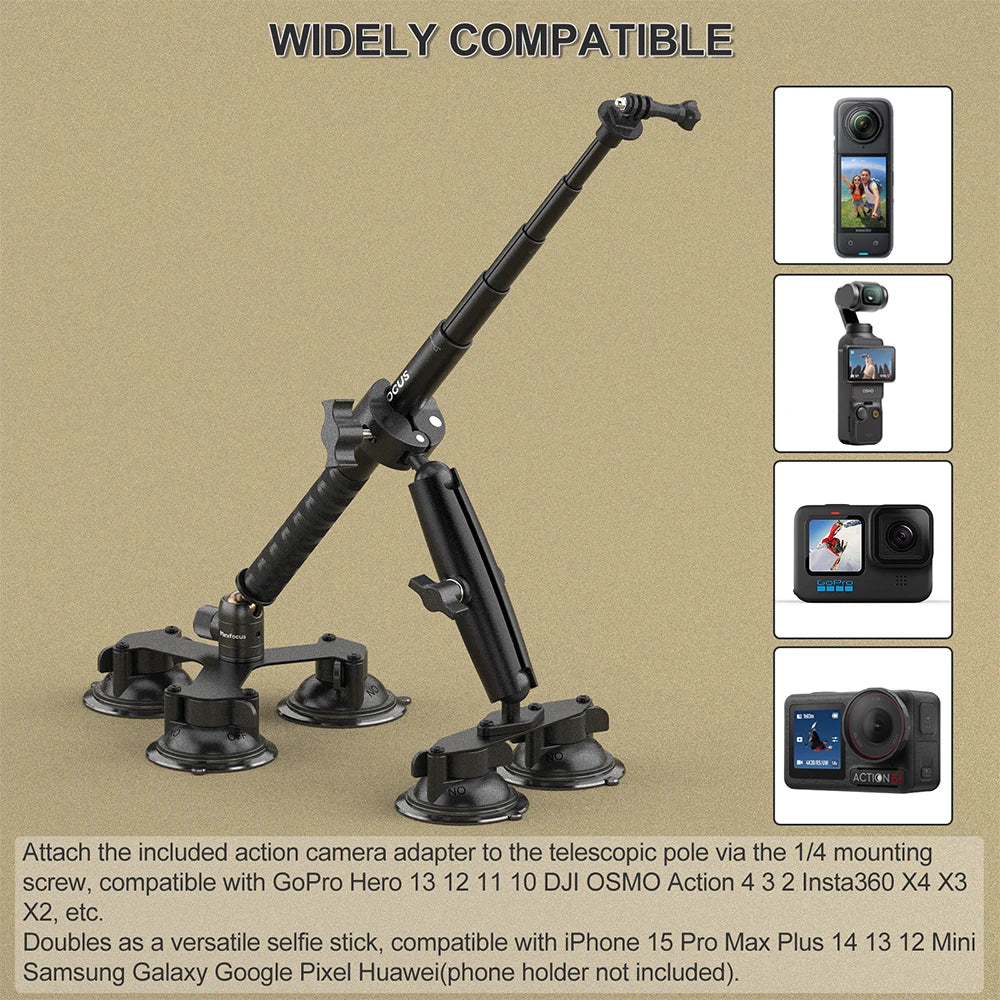 Suction Car Mount for Insta360 x4, x3, x2, x,One RS,R for GoPro Camera 5 in 1 Suction Mount Kit for Action Cameras Selfie Stick