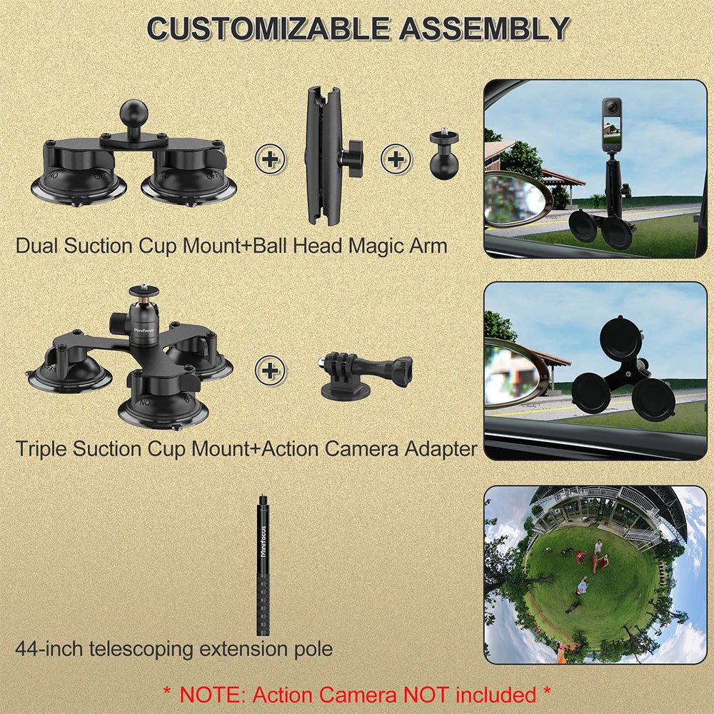 Suction Car Mount for Insta360 x4, x3, x2, x,One RS,R for GoPro Camera 5 in 1 Suction Mount Kit for Action Cameras Selfie Stick