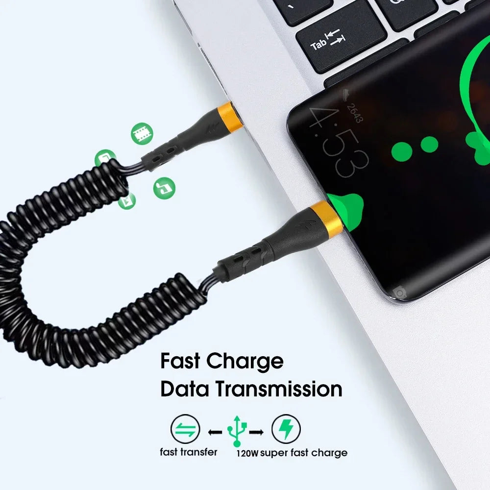 Udtrækkeligt 120 W PD-hurtigopladningskabel med USB-C til USB-C-spiralkabel, kompatibelt med iPhone 16/17, Xiaomi- og Samsung-enheder med hurtig opladning